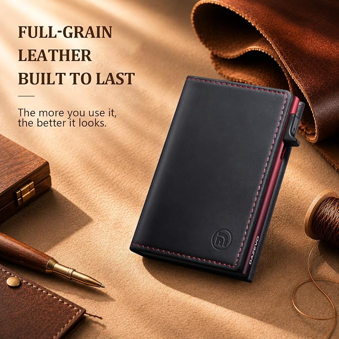 Wallet for Men Full Grain Leather Wallet with 2 ID Windows RFID Blocking Trifold Pop Up Credit Card Holder Wallet 9-11 Cards Slim Minimalist Genuine Leather Wallet for Men-Black Red - Image 2