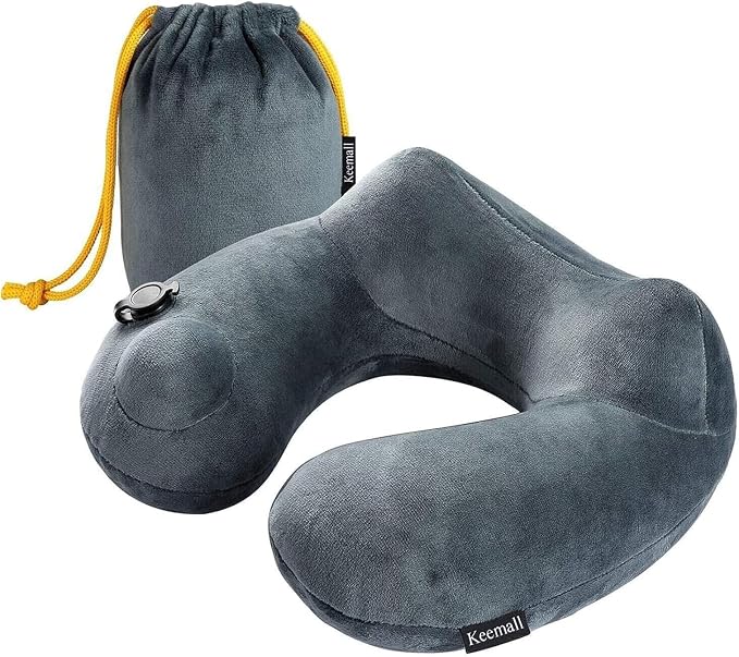 Keemall Portable Inflatable Travel Neck Pillow Flight & Airplane Essentials | Luxury Soft Fabric for Comfort, 360 Degree Ergonomic Neck Pillow, For Plane, Car & Long Road Trip, Portable with Carry Bag by Keemall