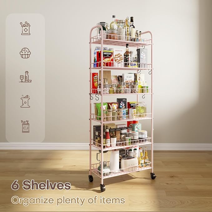 6 Tier Slim Rolling Storage Cart with Wheels, Metal Mobile Shelving Unit Organizer Utility Cart for Office Bathroom Kitchen Laundry Room Narrow Places (Pink 10 Inches) - Image 6