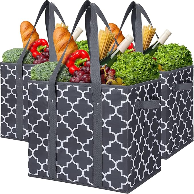 WISELIFE Reusable Grocery Bags 3-Pack Foldable Washable Large Storage Bins, Dark Grey by WiseLife