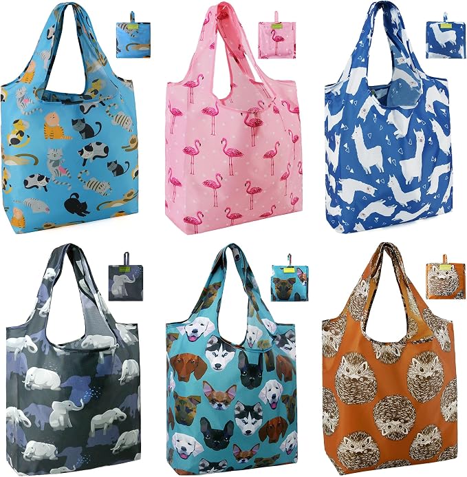 BeeGreen Shopping Bags Cloth Grocery Bags Foldable Travel Bag Tote Bags Bulk - Reusable Gift Bags with Handles (6 Pack) - Heavy Duty Large Washable Animal Holiday Design for Women Travel & Groceries​ by BeeGreen