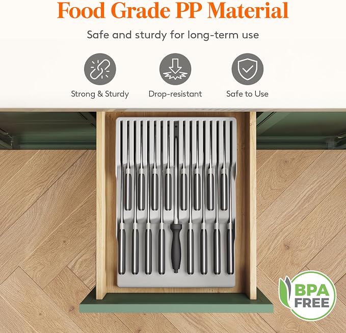 Lifewit Magnetic Drawer Knife Organizers Insert Pastic for 16 Knives, Gray | Kitchen Plastic In Drawer Knife Block Slots, Steak Chefs Knives Holder Storage for 16 Knives and 1 Sharpening Steel 16.5" - Image 7