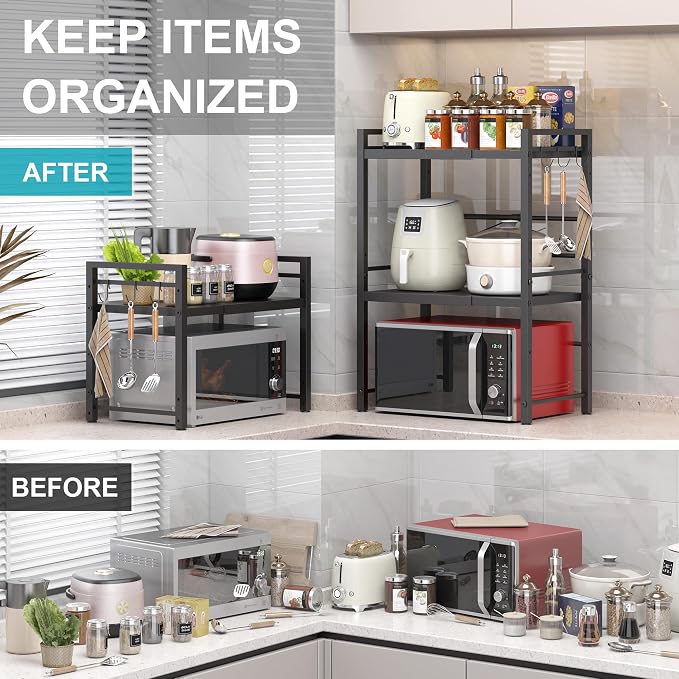 DOLALIKE Microwave Oven Rack, Expandable Microwave Stand Countertop Kitchen Utensils Tableware Storage, Carbon Steel Over Microwave Shelf Countertop with 3 Hooks | Adjustable Microwave Oven Rack Metal Storage Shelf with 3 Hooks for Pans Small Appliance... - Image 5