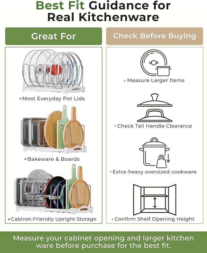 EVERIE Adjustable Cabinet Organizer for Pot Lids, Bakeware, Cookie Sheets & Cutting Boards, Upright Storage Rack for Kitchen Cabinet, Stable Dividers, 9.7" Deep, 12.6" to 21.5" Wide, GS02SS | 5mm Steel Dividers, Anti-Wobble, M-Slot for Lid Handles, BPA... - Image 9