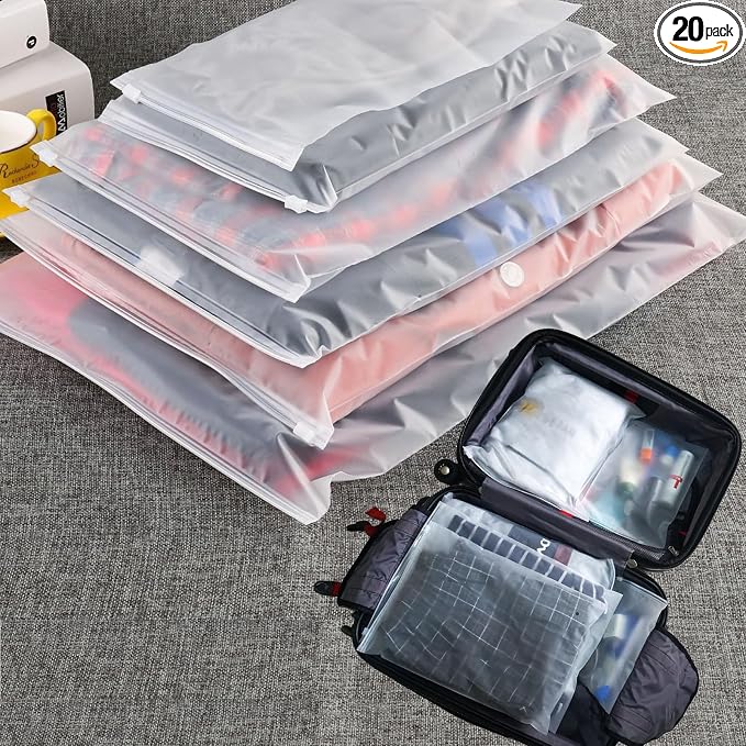 (20 pcs Value Pack) Travel Luggage Organizer Bags, Assorted Sizes, 4Mil Resealable Slider Zip Plastic Clothing Packaging, Frosted Travel/Home Storage and organizing Pouches, Space Saver Bag by BEUYIwarehouse
