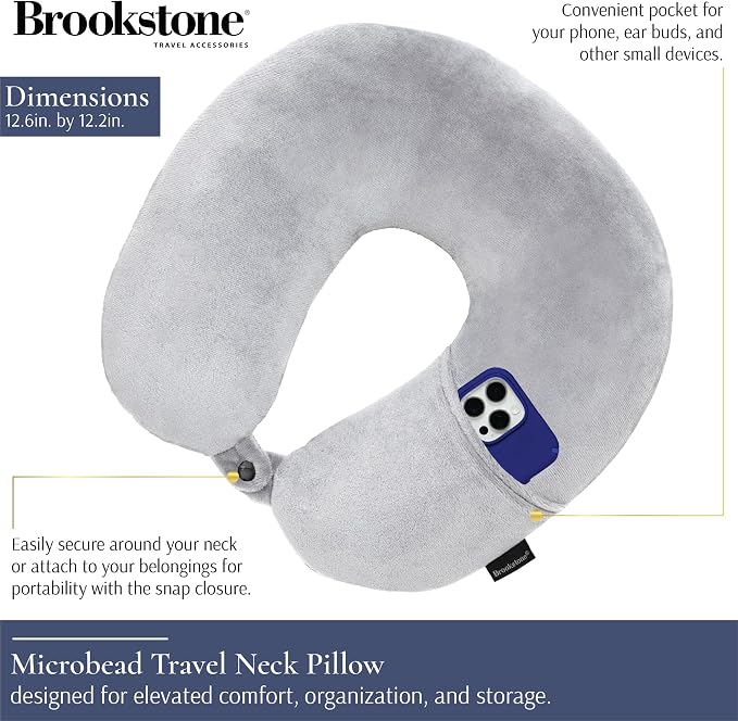 Brookstone Microbead Neck Pillow Soft Travel Pillow with Phone Pocket | Millions of Tiny Beads Flex to Your Shape for Custom Support, Dual-Sided Fleece and Cool Microfiber Sides Suit Any Season - Image 2