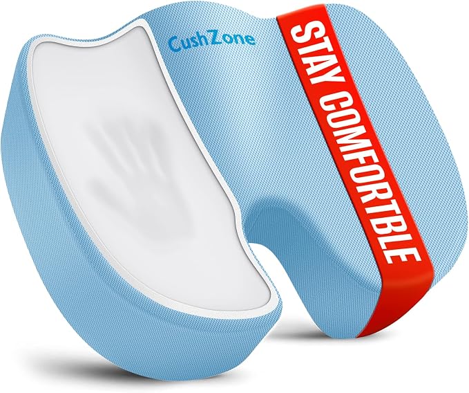 CushZone XL Memory Foam Seat Cushion for Office & Car, Light Blue | U-shaped Coccyx Cutout, Contoured Design, Breathable Removable Mesh Cover, Non-Slip Base, Carry Handle by CushZone