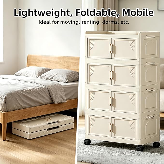 5 Tier Foldable Storage Cabinet with Lids, 313QT Large Premium PP Storage Organizer with Magnetic Doors and Wheels, Heavy Duty White Storage Bins for Home, Office, Kitchen, Dorm - Image 5