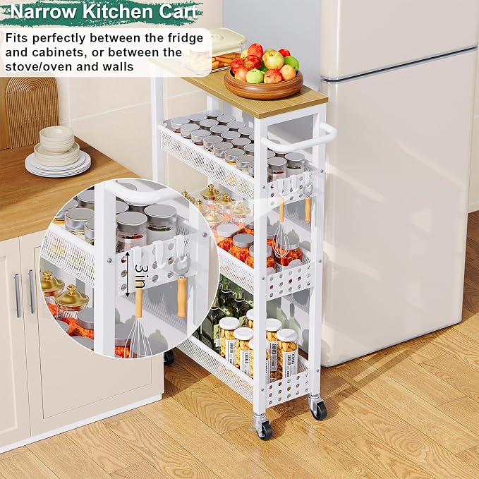 Laundry Room Slim Rolling Cart with Wheels for Between Washer and Dryer Gap | Utility Narrow Laundry Room Organization and Storage Shelves, White Skinny Shelf with Table Top,Detergent Organizer Cabinet - Image 7