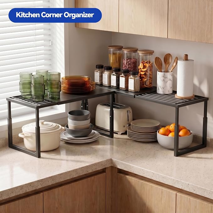 Expandable Cabinet Shelf Organizer, Stackable Countertop Shelves, Black | 15.8''- 25.5'' In Cabinet Shelf, Adjustable Kitchen Cabinet Organizer for Pantry Organizer, CupBoard Organizers and Storage - Image 6
