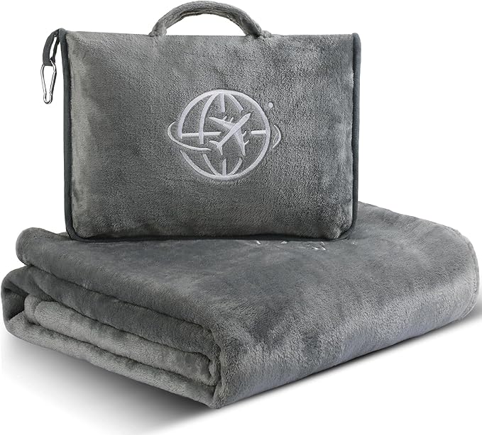 2-in-1 Travel Blanket and Pillow – Lightweight, Compact, Ultra Soft, Machine Washable – Handle, Luggage Sleeve, Backpack Clip – for Travel Airplane, Car, Office (Gray) by Unknown