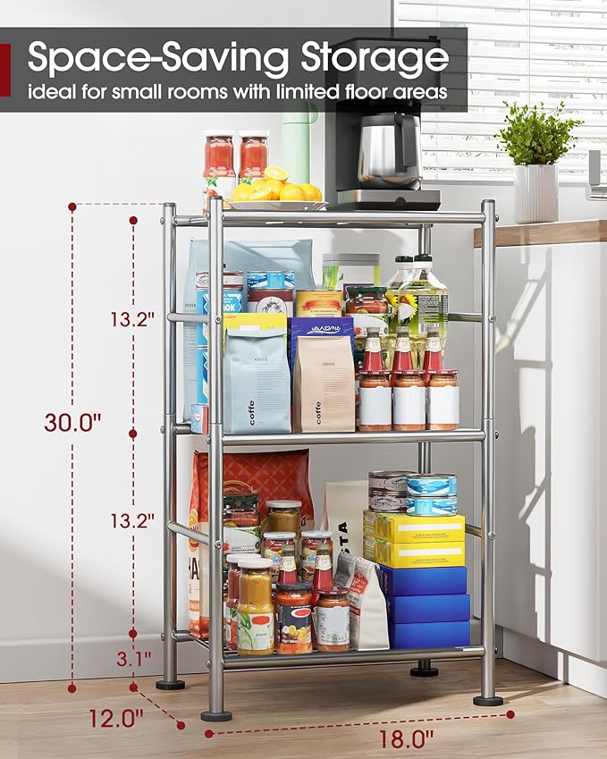 Sakugi Storage Shelves - 3 Tier Shelf Organizer, Sturdy Metal Shelving with Adjustable Leveling Feet, Space-Saving Shelves Organizer for Pantry, Laundry, Kitchen (18" x 12" x 30", Silver) - Image 2