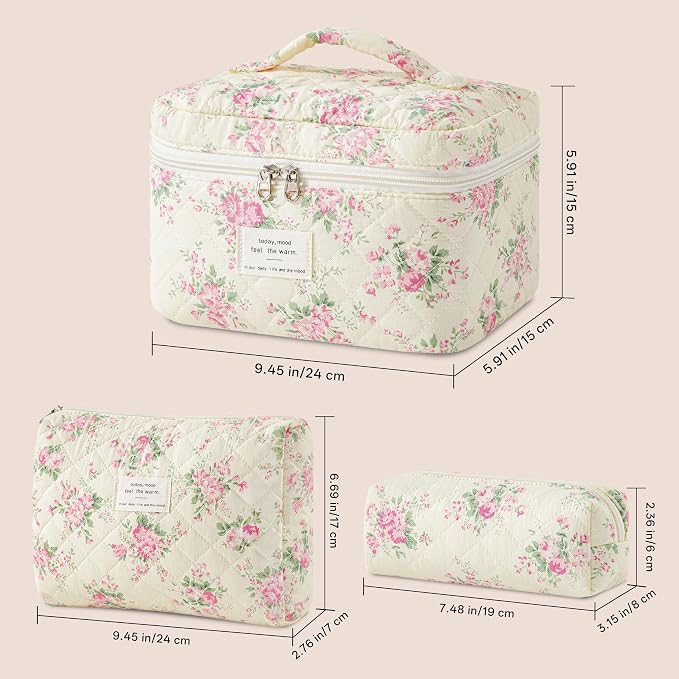 HBselect Quilted Makeup Bag, 3Pcs Cotton Large Travel Makeup Bags Organizer | Cute Floral Make up Bag Cosmetic Bag Toiletry Bag for Women Girls, Makeup Pouch for Skincare, Brushes & Travel Essentials - Image 4