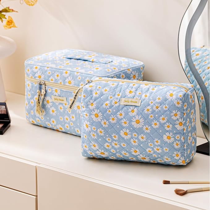 HBselect Quilted Makeup Bag, 3Pcs Cotton Large Travel Makeup Bags Organizer | Cute Floral Make up Bag Cosmetic Bag Toiletry Bag for Women Girls, Makeup Pouch for Skincare, Brushes & Travel Essentials - Image 4