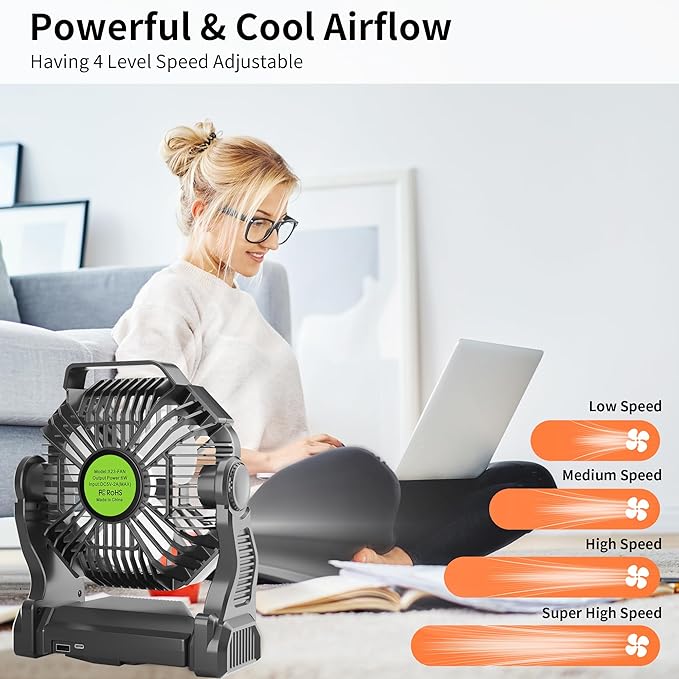 Rechargeable Portable Camping Fan for Tent with LED Light, 20000mAh USB Personal Battery Powered Fan Outdoor Camping Essentials Battery Operated Portable for Travel Beach Essentials X23 Black - Image 3