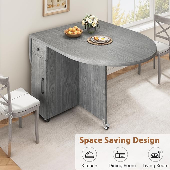 Jocoevol Round Folding Dining Table for 4, Space Saving Drop Leaf Kitchen Table with Storage Drawer, 6 Wheels Oval Gateleg Foldable Dining Table for Small Spaces(Grey 47 * 23.6 * 30) - Image 5