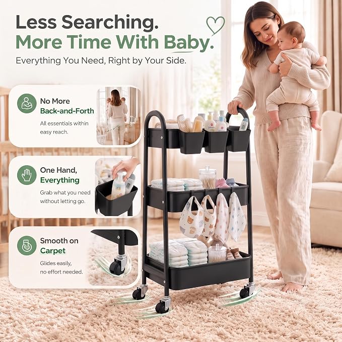Heavy Duty 3 Tier Rolling Cart Metal with Wheels,Three Tiered Rolling Carts | Black Utility Storage Roller Shelf Organizer on Wheels for Baby, Art, Craft, Snack, Cleaning Caddy, Dorm, Bathroom, Bedside - Image 5