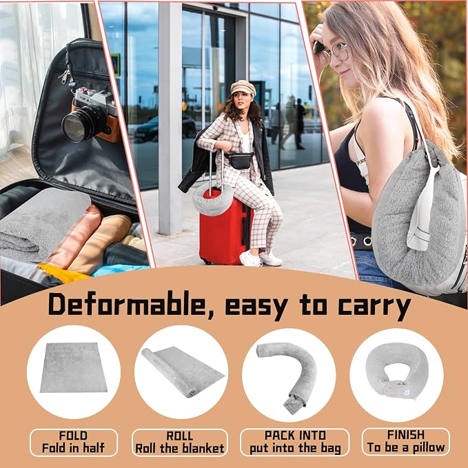 Travel Pillow/Travel Blanket 2-in-1 for Airplanes,Soft Warm Blanket | Roll up as a pillow,Portable Blanket for Airplane,Camping,Office(Gray) - Image 6