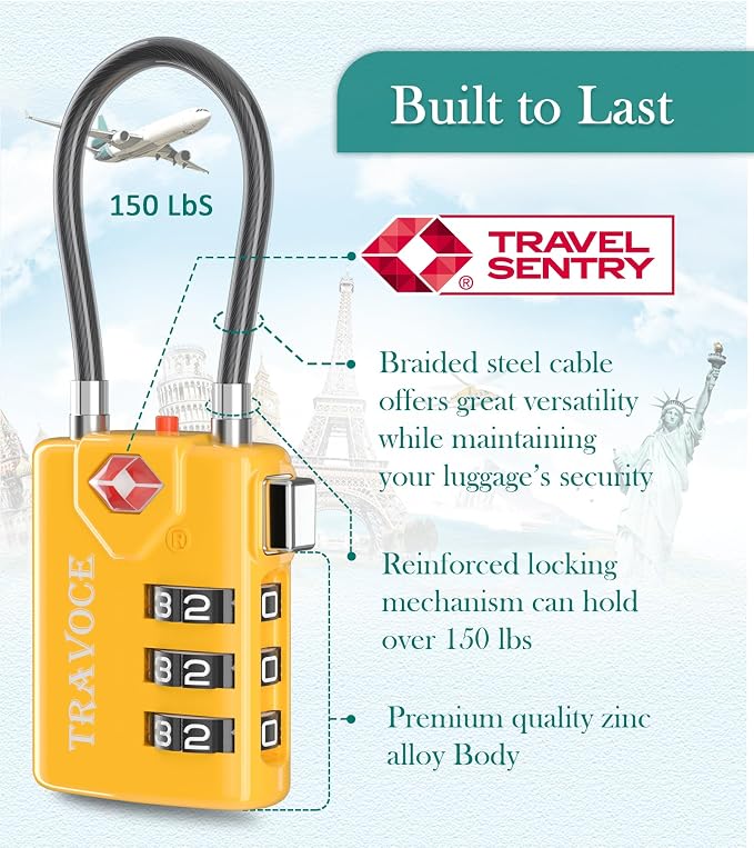 TSA Approved Luggage Locks, Combination Cable Locks, 4 Pack, Yellow | Search Alert shows TSA key access; resettable 3-digit code and flexible braided steel cable for suitcases and backpacks. - Image 5