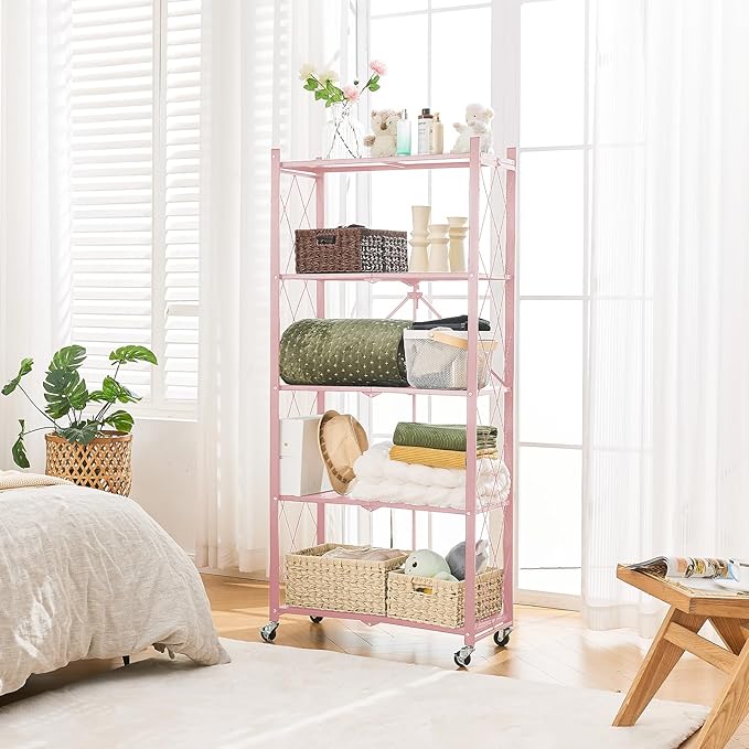 BRIAN & DANY 5-Tier Foldable Storage Shelves with Wheels, Folding Metal Rack Shelving Unit, Heavy Duty No Assembly Organizer Shelf for Garage, Kitchen, Basement, Pantry, Pink - Image 7