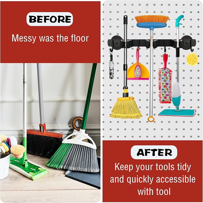 ULIBERMAGNET Magnetic Mop Broom Holder,Heavy Duty Movable Magnetic Broom Holder Rack,Anti-slip Wall Mounted Utility Storage Mop Shovel Hanger for Garage, Kitchen, Laundry, Garden(3 Racks / 4 Hooks) - Image 6