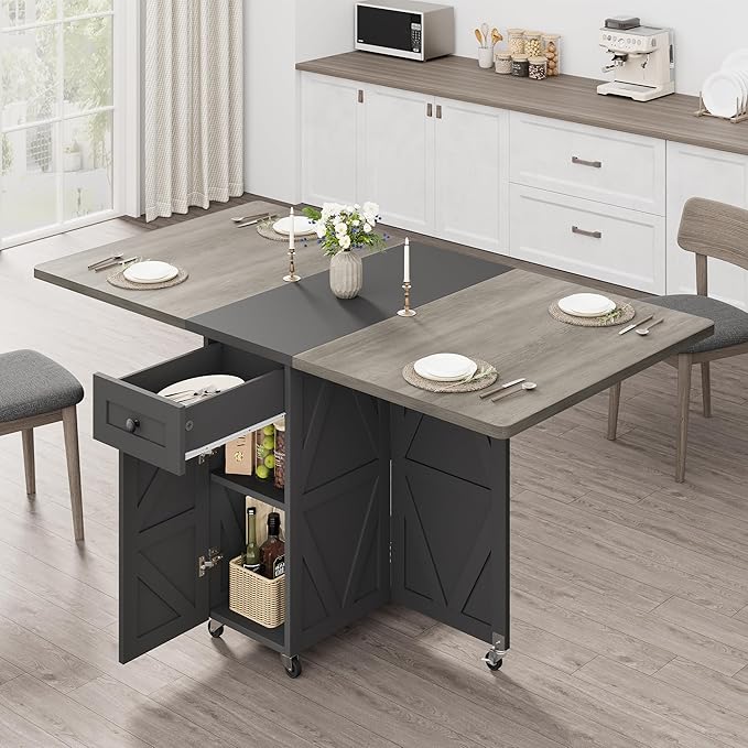 Folding Dining Table for Small Spaces with Storage, Drop Leaf Kitchen Table | 3-in-1 Foldable Dining Table with Drawer & Shelves, Converts to Desk or Console for Apartment Living by JOCOEVOL