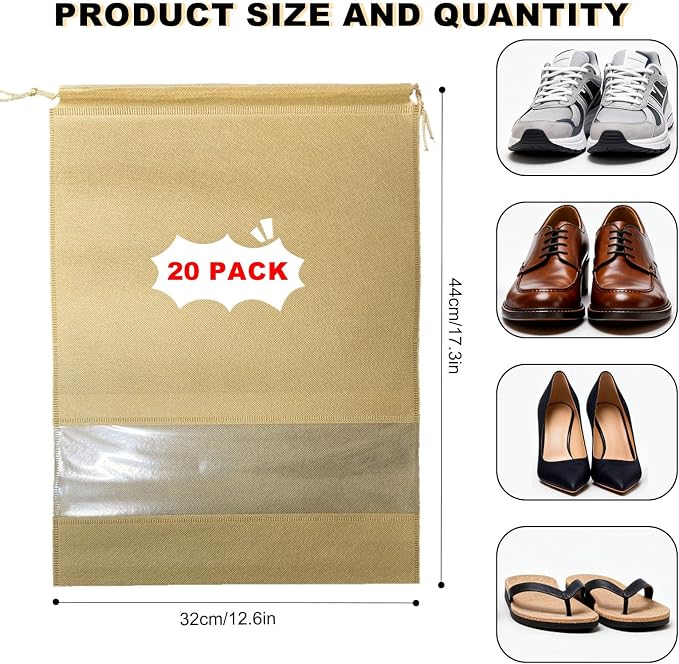 20 Pack Shoe Bags for Travel, 17" x 12.6" Drawstring Shoe Organizers with Clear Window, Breathable Non-Woven Dustproof Pouches for Luggage & Closet (khaki) - Image 2