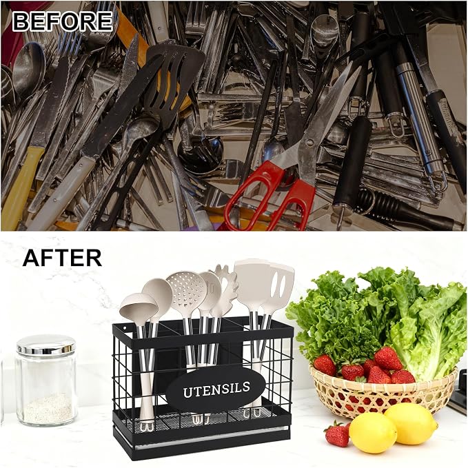 Magnetic Utensil Holder for Fridge Large Silverware Organizer Kitchen Utensil Organizer with Draining Kitchen Counter Sturdy Black Metal Cooking Caddy Storage for Silicone Spatula Fork Spoon - Image 5