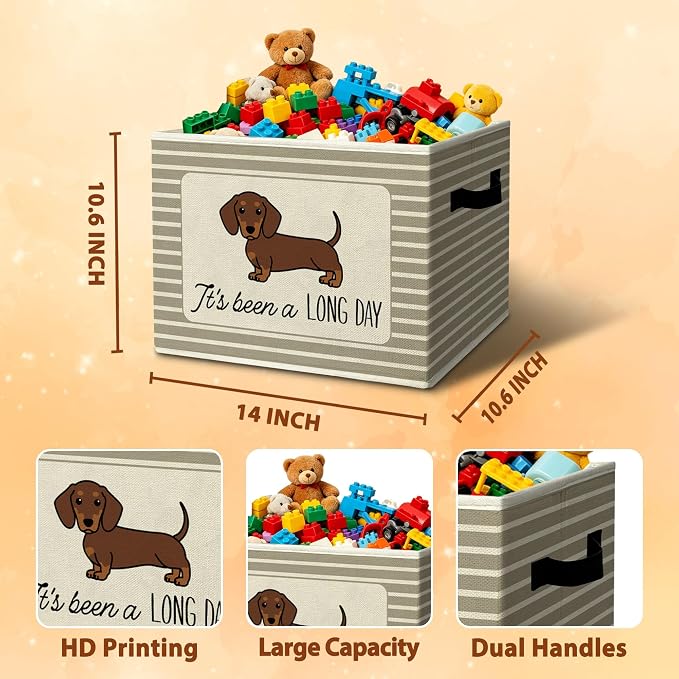 Rustic Dachshund Storage Bins Boxes with Handles | toys books clothes, it's been a long day grey striped nursery foldable basket for organizing bedroom toddler room playroom - Image 3