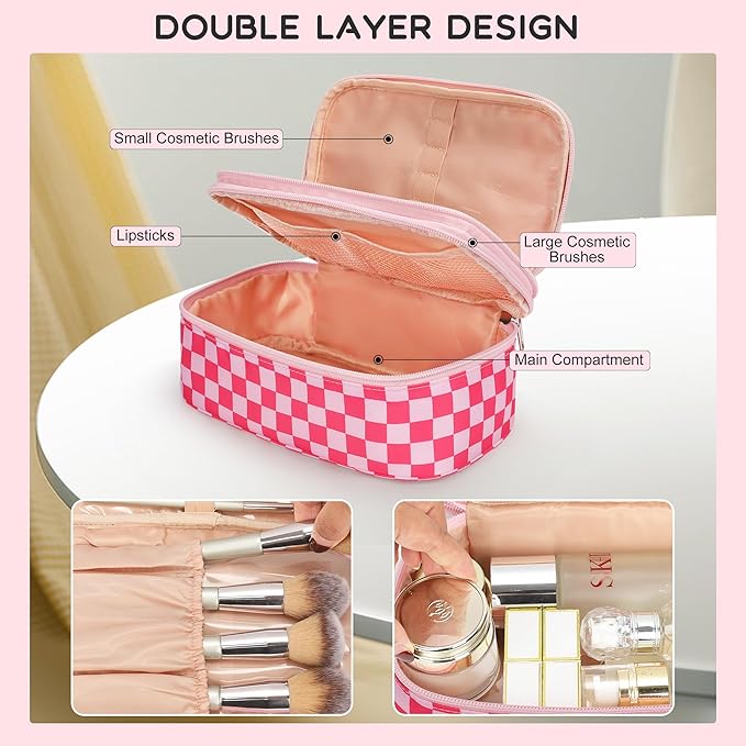 Relavel Small Makeup Bag, Cute Travel Cosmetic Bag, Rose Red | Dual-Layer Make Up Bags, Portable Toiletry Storage for Girls, Waterproof Makeup Organizer for Gym, Camping, Trip, Daily Use - Image 4
