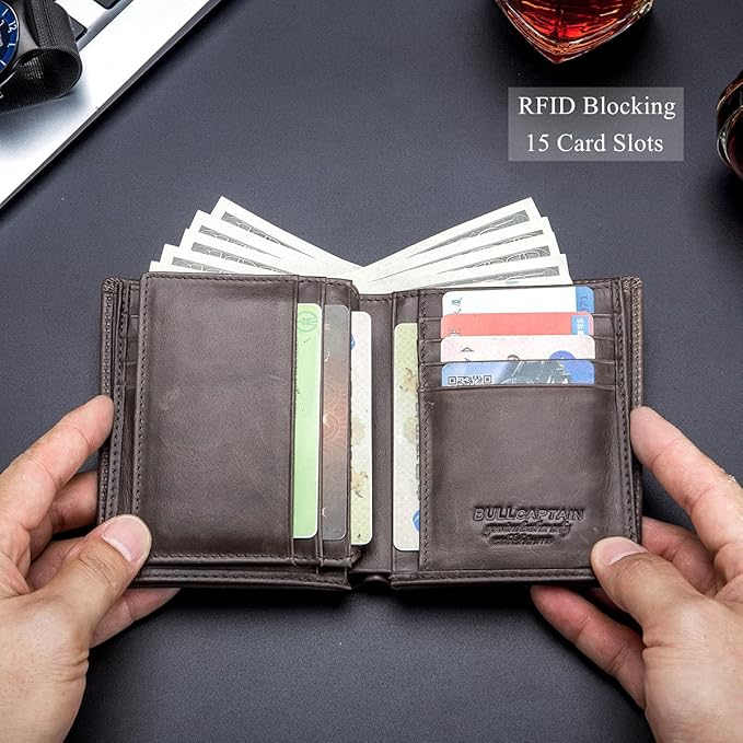 BULLCAPTAIN Large Capacity Genuine Leather Wallet for Men QB-027 | Bifold Wallet,RFID Blocking,Credit Card Holder,15 Card Slots,Special Expandable Design,gift choice - Image 4
