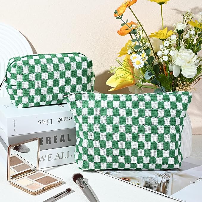 SOIDRAM 2 Pieces Makeup Bag Large Checkered Cosmetic Bag Capacity Canvas Mix Travel Toiletry Bag Organizer Cute Makeup Brushes Aesthetic Accessories Storage Bag for Women, Checkered Mix Green - Image 2