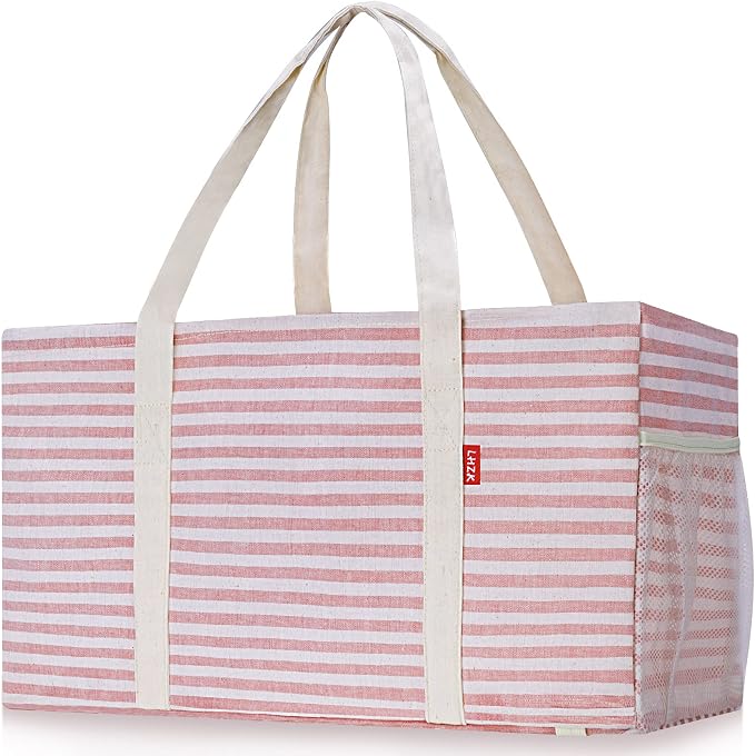LHZK 2 Pack Extra Large Utility Tote Bag with Metal Wire Frame and the Sides Rinforced, Extra Large Tote Bag with Handle for Pool Beach Laundry Storage (Pink) by LHZK