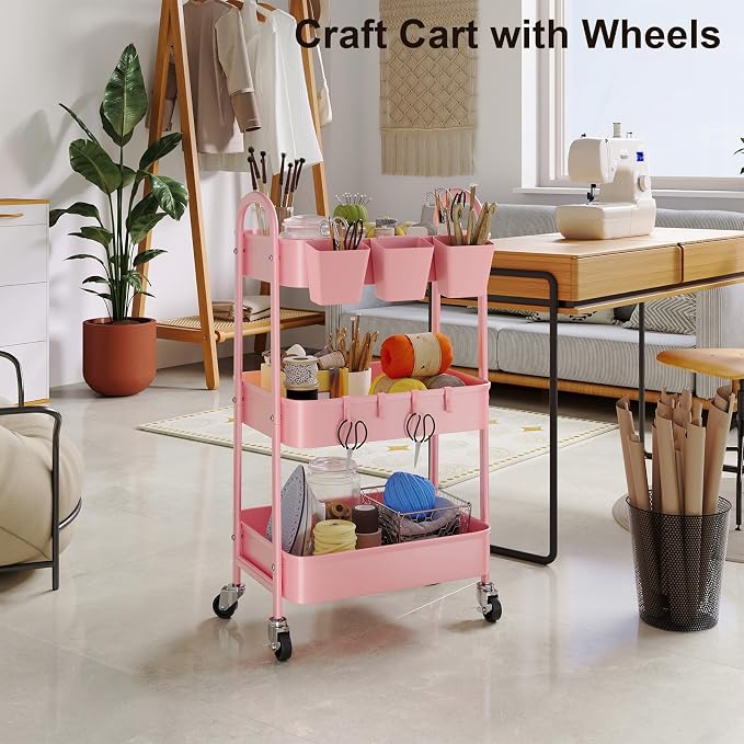 3 Tier Metal Rolling Cart with Lockable Wheels and Handle,Three Tiered Cart | Pink Roller Trolley on Wheels, Utility Storage Organizer for Bathroom, Kitchen, Teachers, Art, Crafts, Baby Diaper,Snack,Nail - Image 5