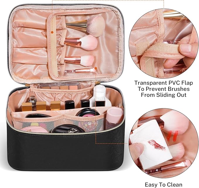senbowe Travel Makeup Bag, Large Capacity Cosmetic Bags for Women,Portable Waterproof Leather Toiletry Bag Make Up Organizer Bag with Divider and Handle - Image 4