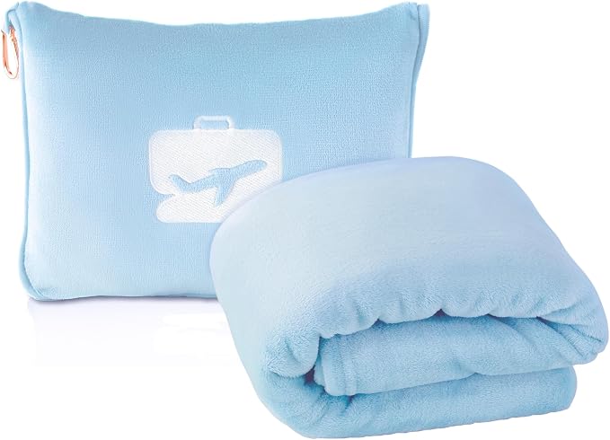 EverSnug Travel Blanket and Pillow - Ultra-Soft, Compact & Lightweight, 65x40 Inches, with Carry Case, Luggage Sleeve & Backpack Clip for Airplane Comfort (Ice Blue) by EverSnug