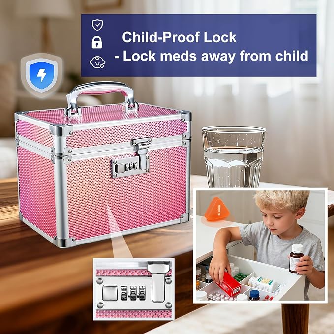 Medicine Lock Box with 3-Digit Combination Lock – Pink Lockable Storage Box for Medication, Small Lock Box for Valuables, 10"x7"x7.9" Locking Medicine Box for Home Travel Dorm - Image 5