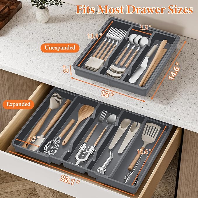 Large Expandable Silverware Drawer Organizer, Utensil Tray | Kitchen Drawer Organizer for Spoons/Forks/Knives, Multipurpose & BPA Free Cutlery Tray(2 Pack, Gray) - Image 2