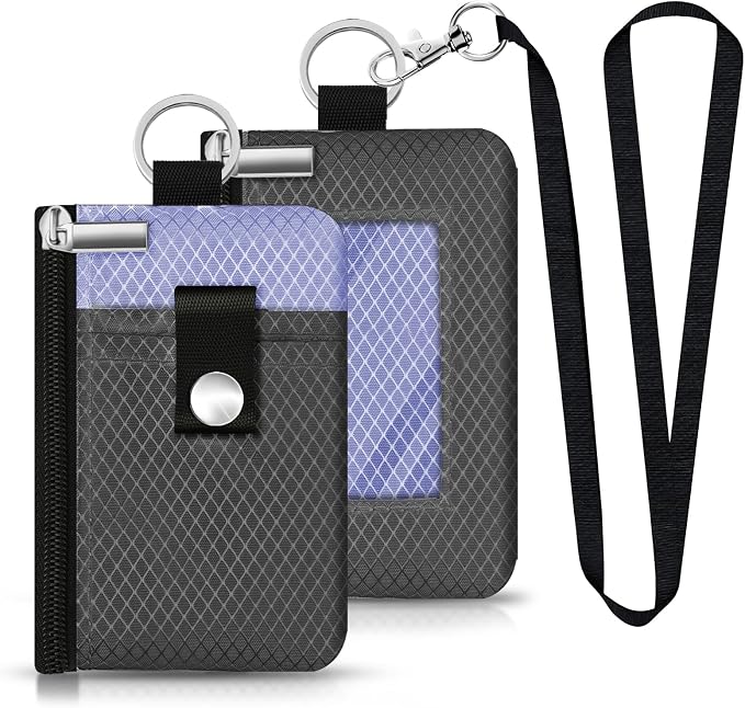 Minimalist RFID Blocking Small Wallet with ID Window,WaterResistant Zip Id Case Wallet with Lanyard Keychain for Cards,Cash,Travel,Women,Men (DarkGrey/Lavender Purple) - Image 3