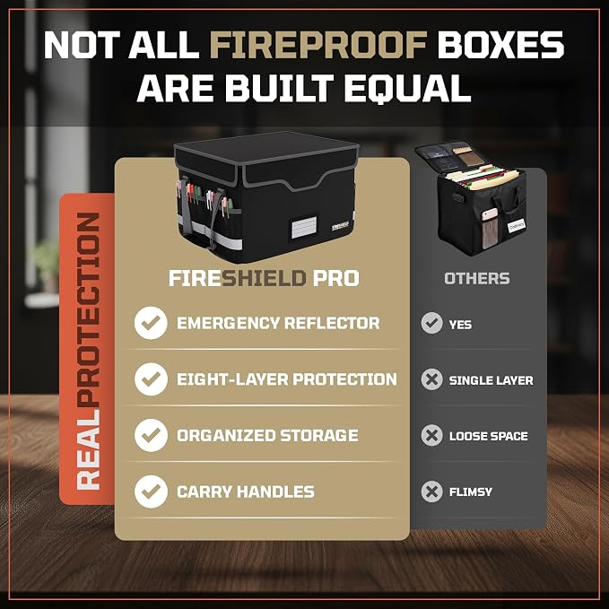 FIRESHIELD PRO 5200°F Fireproof Document Box with Lock – Portable Water Resistant File Organizer for Hanging/Legal Folders – Safe Storage for Home, Office or Travel – Black, Size: 16.1" x 12.9" x 11" - Image 7