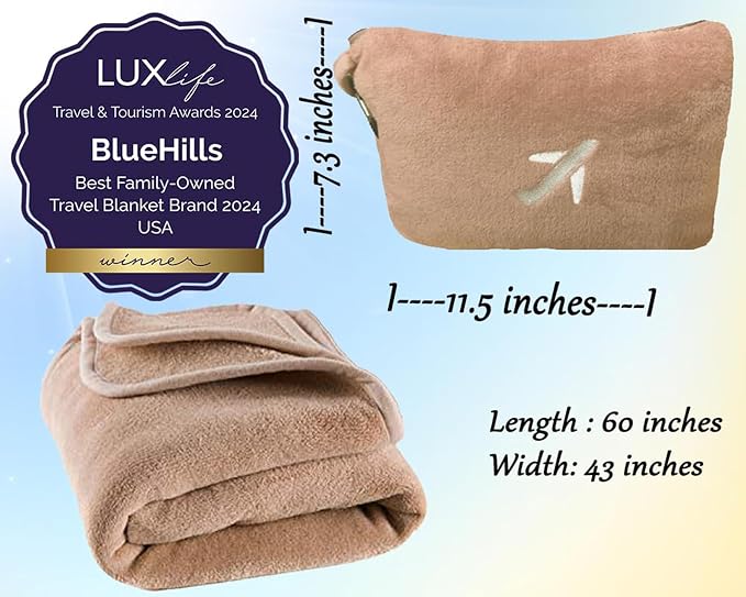 BlueHills Premium Soft Plush Mini Travel Blanket Pillow Long Flights Beige | Compact Luggage Belt and Backpack Clip, Warm Plane Pillow, Packable, 2in 1 Airplane Travel Size Blanket Case, Cruise, Gift - Image 4