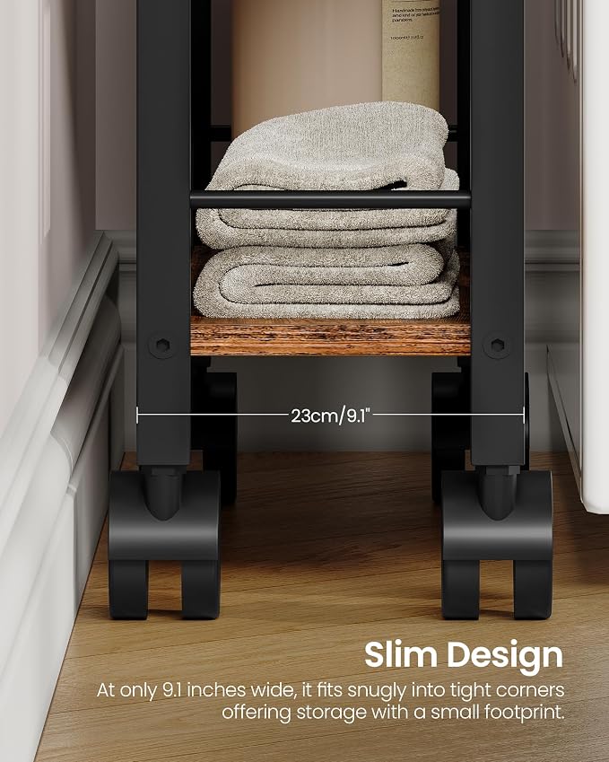 4-Tier Slim Storage Cart, 9.1'' Kitchen Serving Trolley, Slim Rolling Cart with Handle and Guard Rails, Slim Cabinet for Small Spaces, for Dining Room, Rustic Brown and Black TTC03BF - Image 7