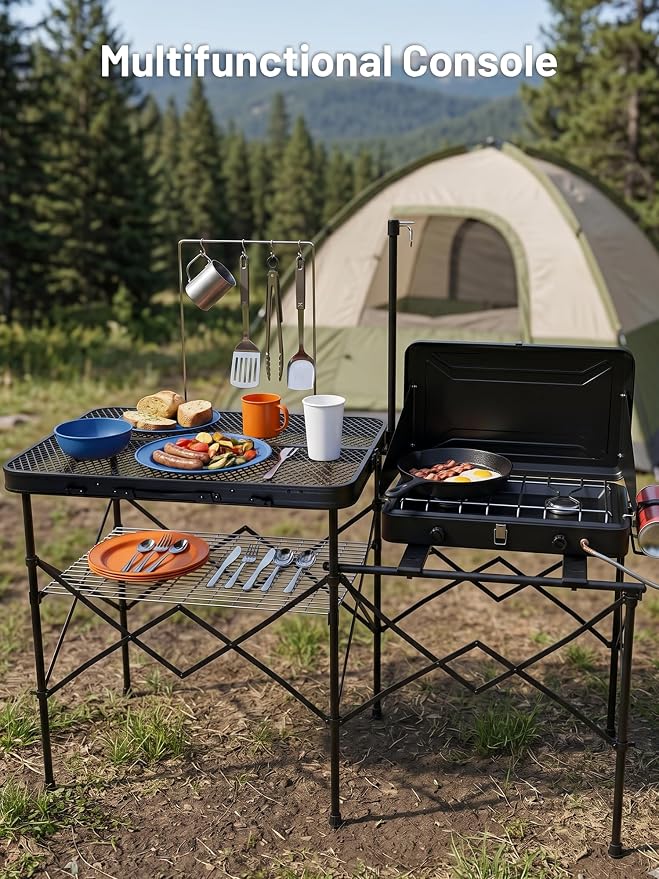 TIMBER RIDGE 56" Portable Camp Kitchen Station Folding Outdoor Grill Table | 110lbs Capacity Heat-Resistant Steel Mesh Top & Storage Shelves, Heavy Duty Picnic RV Tailgating BBQ Easy Setup - Image 5
