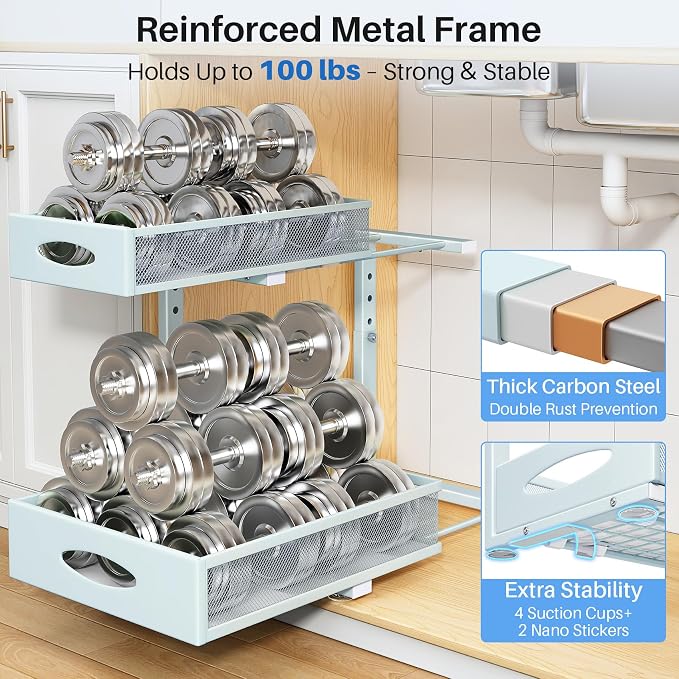 Under Sink Organizer, 2 Pack 2 Tier Pull Out Under Cabinet Organizer Shelf with Pad for Framed Cabinets, Metal Slide Out Under Sink Storage, Mesh Sliding Drawers for Kitchen Bathroom Laundry, Blue - Image 6