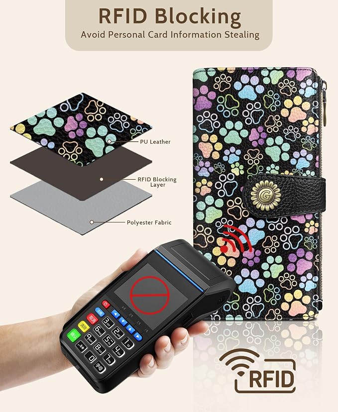 GIANCOMICS Puppy Dog Paw Womens Wallet RFID, Cute Credit Card Holder Bifold | Billfold, Cute Cash Purse, Travel Zipper Coin Pocket, Compact Clutch, PU Leather, ID Window, 11 Card Slots, Ladies Gift Woman - Image 4