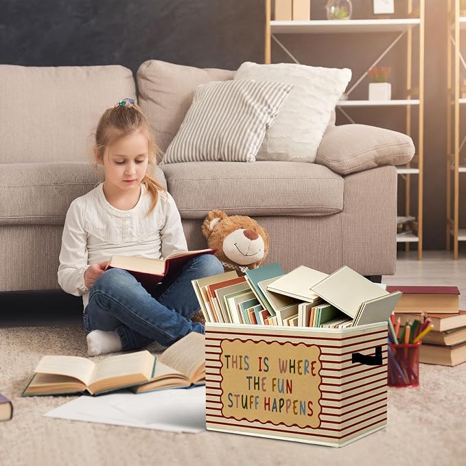 Rustic Playroom Storage Bins Boxes with Handles | toys books clothes, this is where the fun stuff happens nursery foldable basket for organizing bedroom toddler room playroom - Image 5