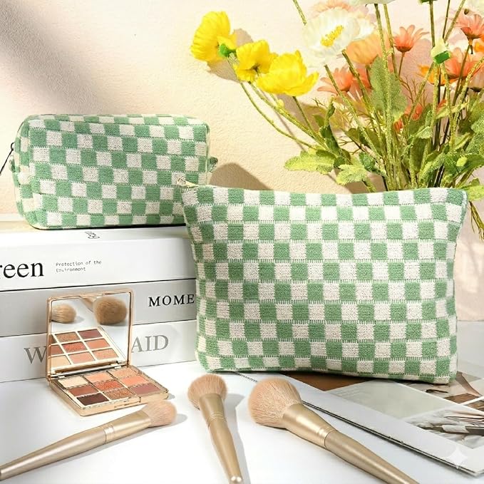 SOIDRAM 2 Pcs Checkered Makeup Bag Large Cosmetic Bag Toiletry Bag Makeup Pouch Travel Bag Organizer Cute Makeup Brushes Aesthetic Accessories Storage Bag for Women Green - Image 5