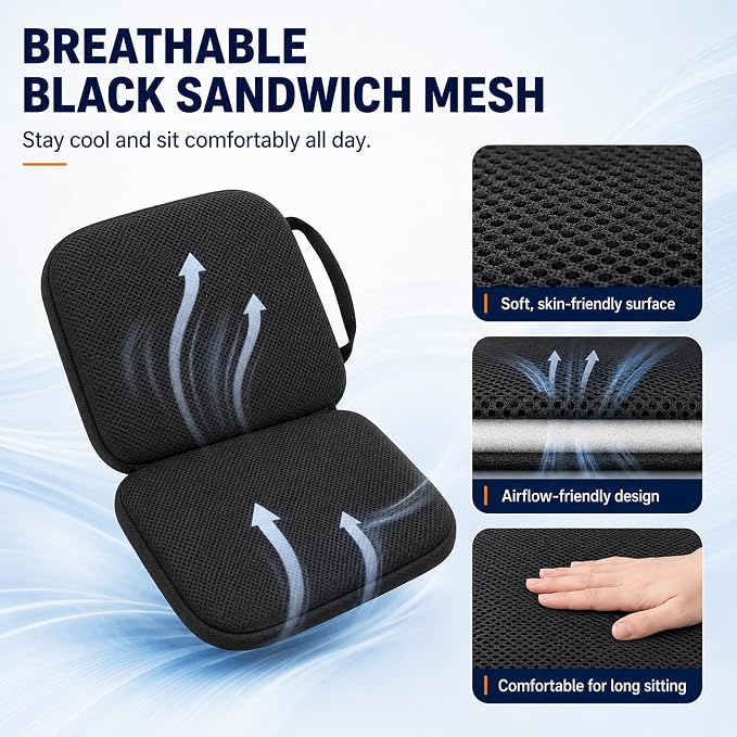 3 in 1 Foldable Gel Seat Cushion Featured with Memory Foam Breathable Seat Cushion for Pressure Relief (Size: 18.5“ x 15" x 2"，Black Mesh) - Image 2
