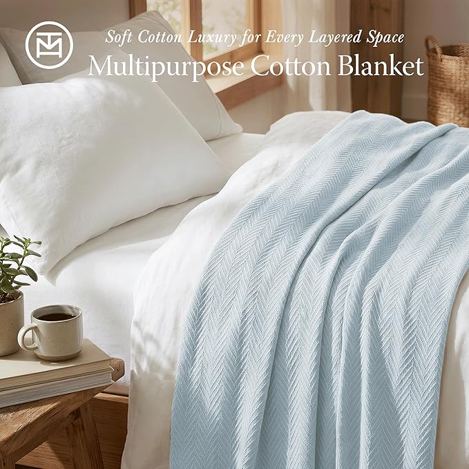 Threadmill Luxury Cotton Blankets for Queen Size Bed | All-Season 100% Cotton Queen Size Blanket | Herringbone Cozy, Soft Breathable Fall Thermal Blanket fits Full Size Bed | Light Blue | 100% Cotton, Herringbone Pattern, 90x92 in, Breathable, Moisture... - Image 2