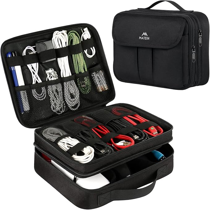 MATEIN Electronics Organizer, Waterproof Travel Electronic Case, Black | Portable Double Layer, Cable Storage Bag for Camera Accessories, Cord, Charger, Power Bank, Flash Drive, Phone, SD Card by MATEIN